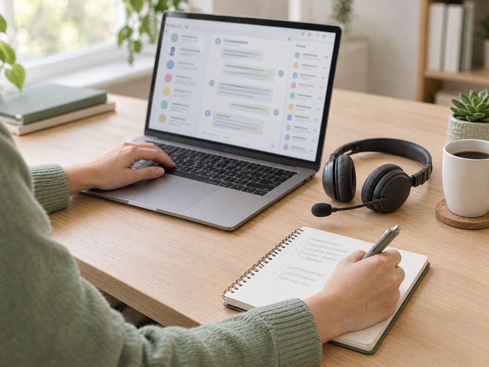 Apo VA customer support assistant answering client messages on a laptop with a headset on the desk