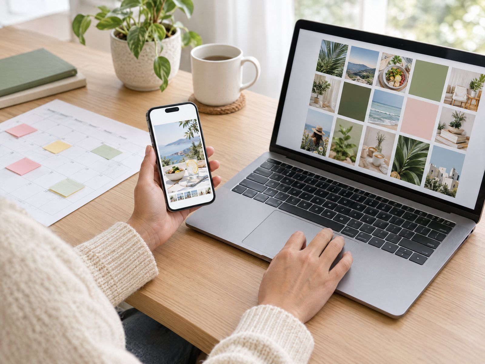 Apo VA social media manager previewing a scheduled post on a phone beside a planned content grid and calendar